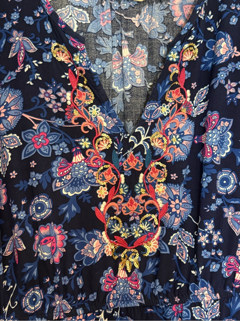 Soft Surroundings Jordana LP Dress Blue Floral Embroidered Sequined Large Petite - Picture 6 of 13